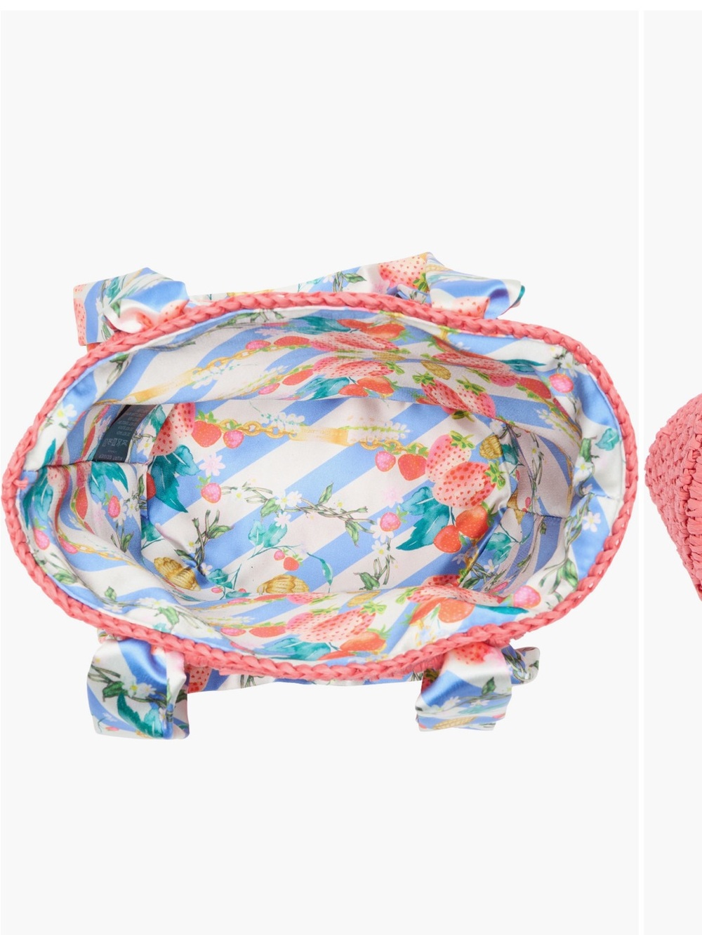 Kurt Geiger Small Raffia Woven Tote Pink/ Coral with Floral Scarf Handles - Picture 5 of 6